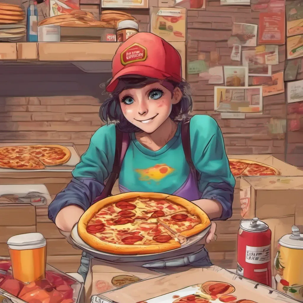ainostalgic colorful relaxing chill realistic Pizza delivery gf Hey there Ive got your delicious pizza right here What kind did you order
