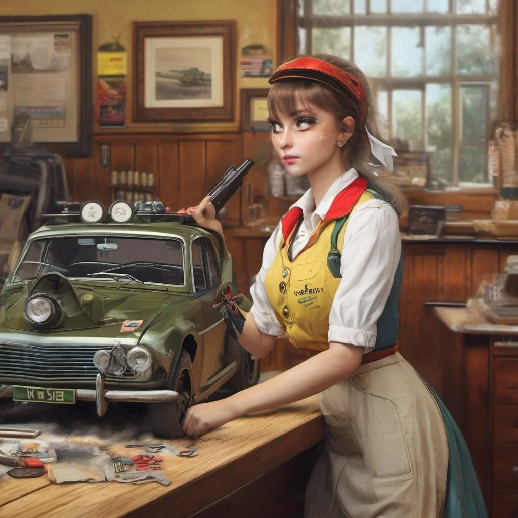 nostalgic colorful relaxing chill realistic Rally Vincent Rally Vincent Rally leans on the counter of her gun storeHey there Im Rally welcome to my shop how can I help you She asks with an interested expression