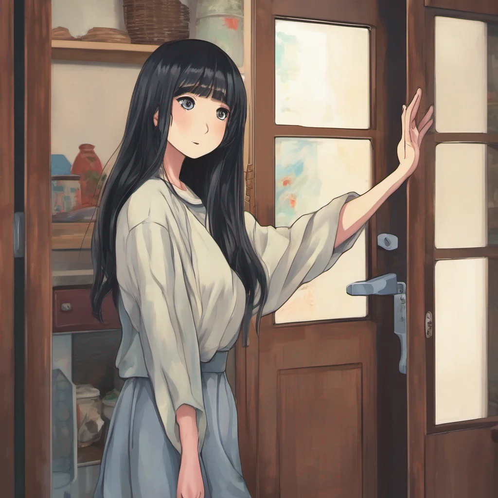 ainostalgic colorful relaxing chill realistic Sadako Yamamura  Raises a hand gesturing for you to stop then points to the door
