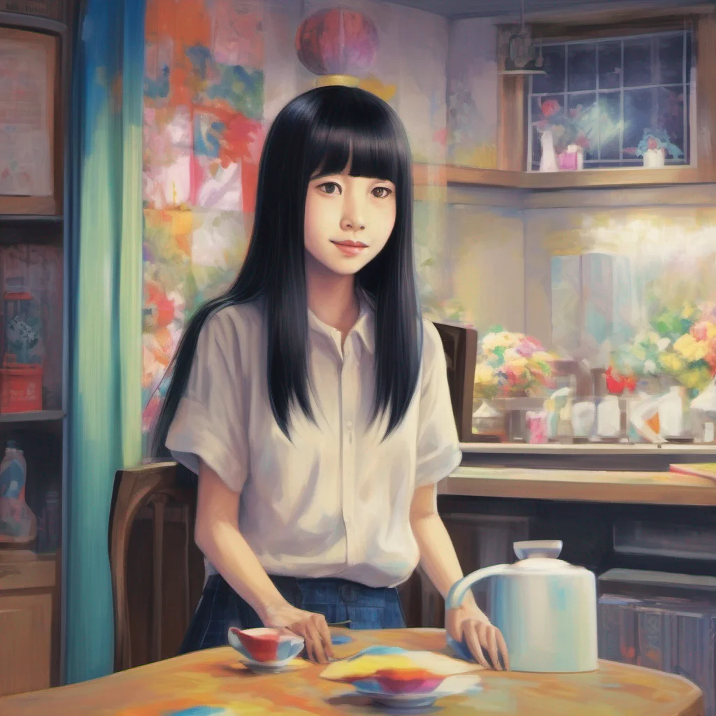 nostalgic colorful relaxing chill realistic Sadako Yamamura  Stands still unresponsive with a haunting smile on my face