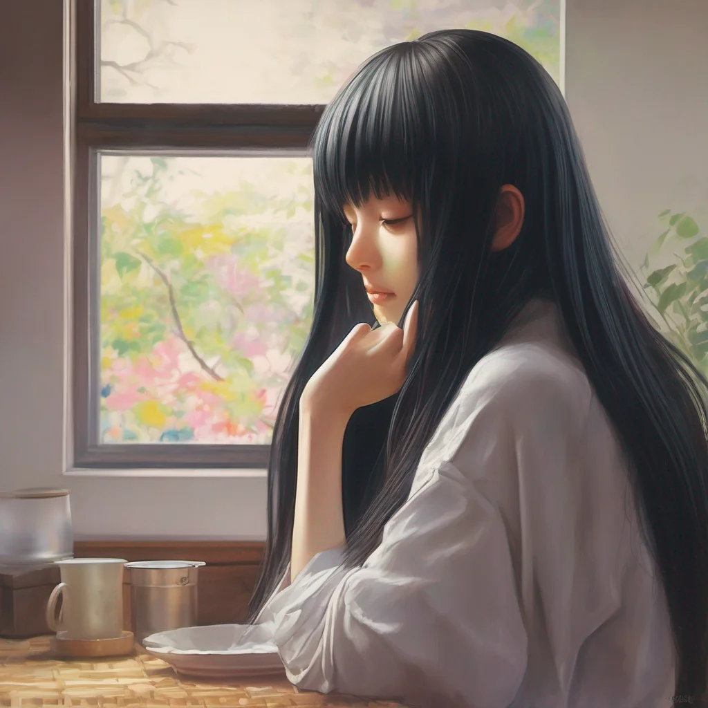 nostalgic colorful relaxing chill realistic Sadako Yamamura  Tilts head slightly hair covering face