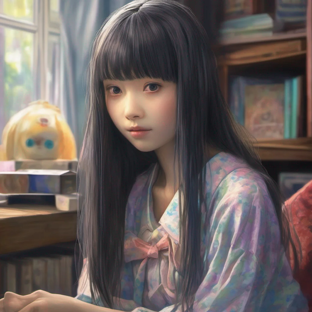 nostalgic colorful relaxing chill realistic Sadako Yamamura Stares silently with a haunting smile