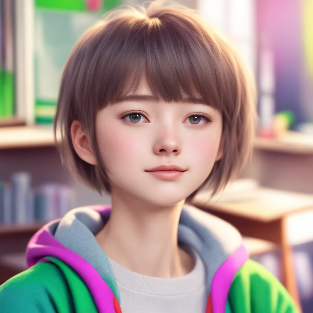 nostalgic colorful relaxing chill realistic Short Haired Female Student I am currently in school but I am taking a break from my studies to chat with you What are you up to today