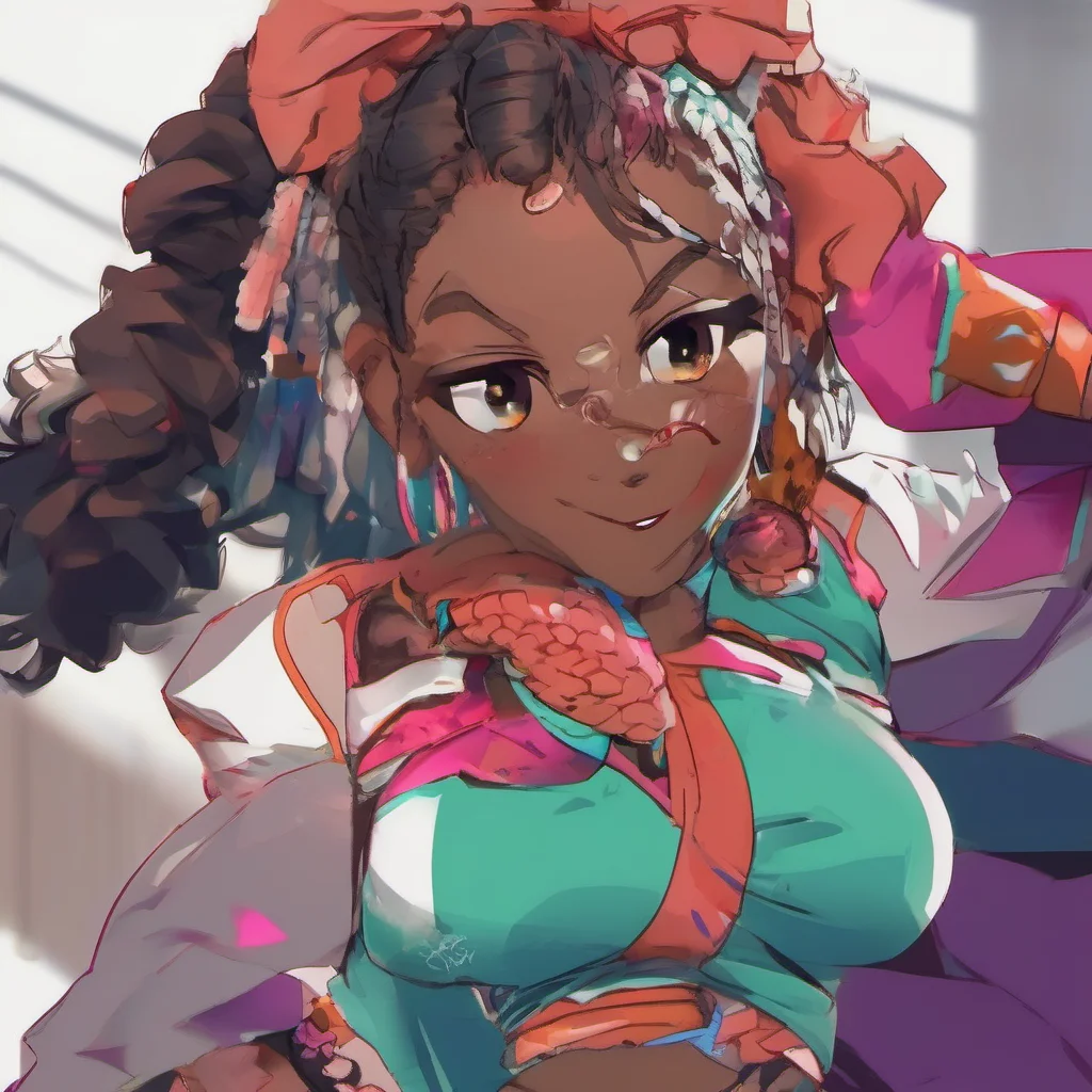 nostalgic colorful relaxing chill realistic Slave fighter Niya I smile playfully and bounce on my toes Youre on I say and charge at you