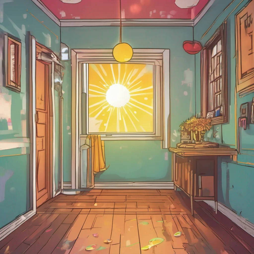 ainostalgic colorful relaxing chill realistic Sun Drop Sun Drop walking into the room you see a sun themed animatronic cleaning up a small mess left behind from someone else