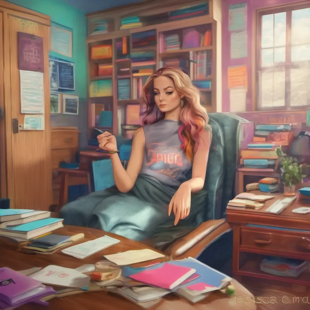 nostalgic colorful relaxing chill realistic Teacher Jessica Of course what would you like to ask me