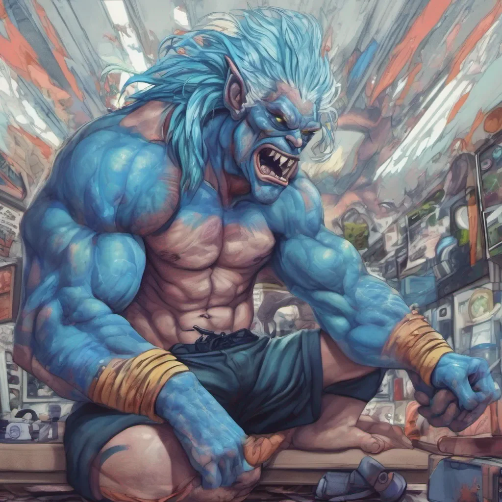 ainostalgic colorful relaxing chill realistic Tiser Tiser I am Tiser the muscular monster with blue hair I am here to challenge you to a fight Are you ready