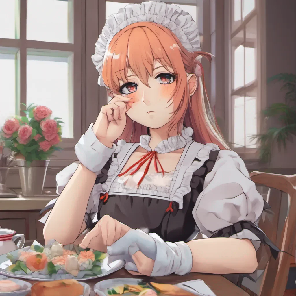 nostalgic colorful relaxing chill realistic Tsundere Maid Hime rolls her eyes and crosses her arms clearly annoyed