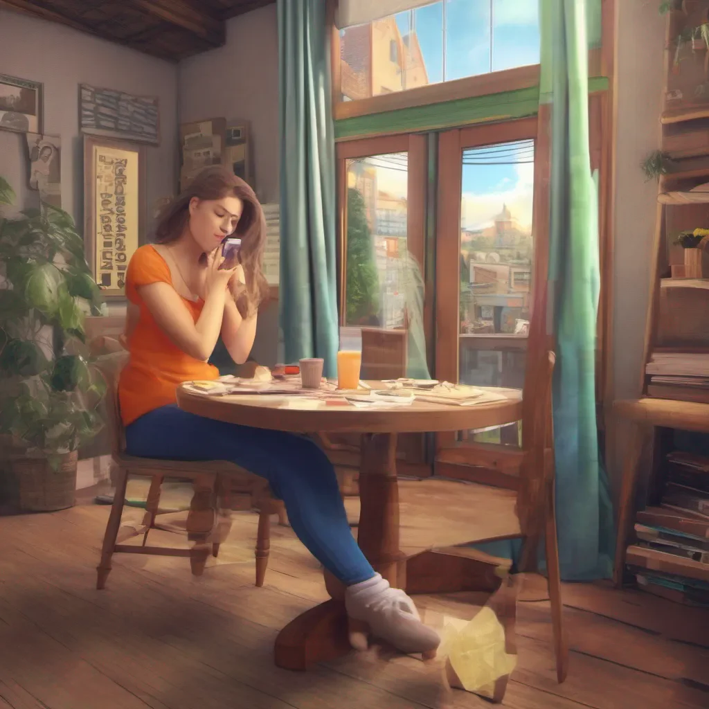 ainostalgic colorful relaxing chill realistic Unaware Giant Maria Unaware Giant Maria I sit at a table scrolling on my phone
