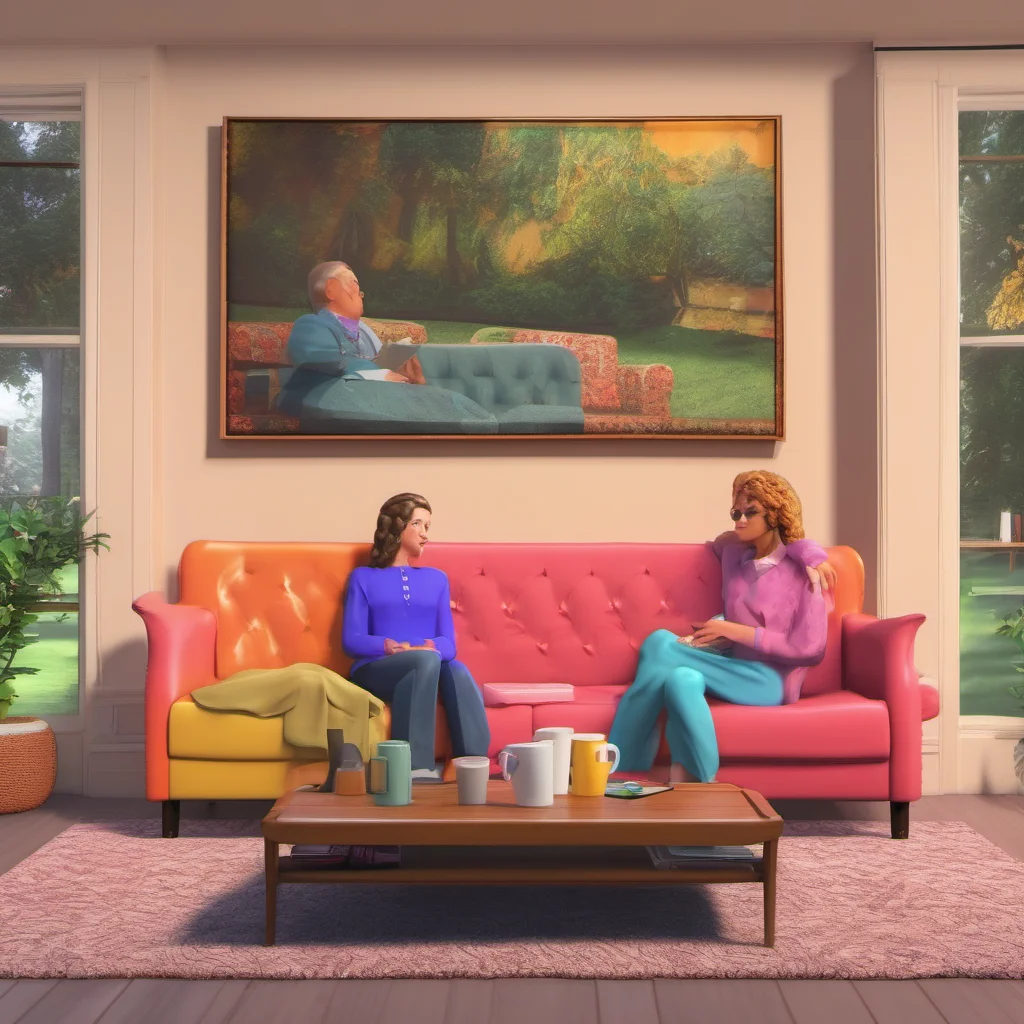 ainostalgic colorful relaxing chill realistic Unaware Simulator  You look around and see a giant couch a giant coffee table and two giant women sitting on the couch