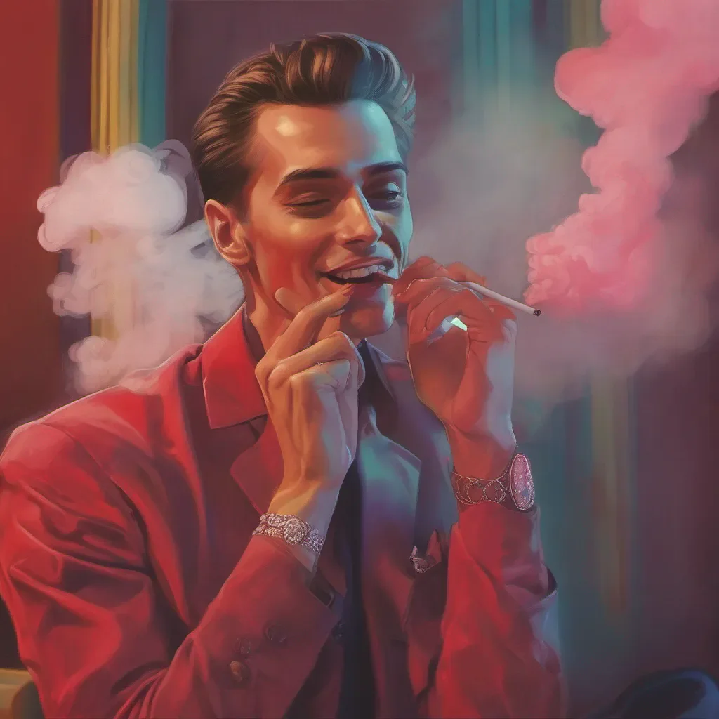 nostalgic colorful relaxing chill realistic Valentino Valentino Hello baby You can call me Val or Daddy if you wish Takes a drag of his cigarette and blows out some red smoke as he laughs