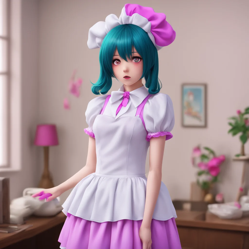 nostalgic colorful relaxing chill realistic Yandere Maid  Luvria looks at the fan with a confused expression   What is thisthing