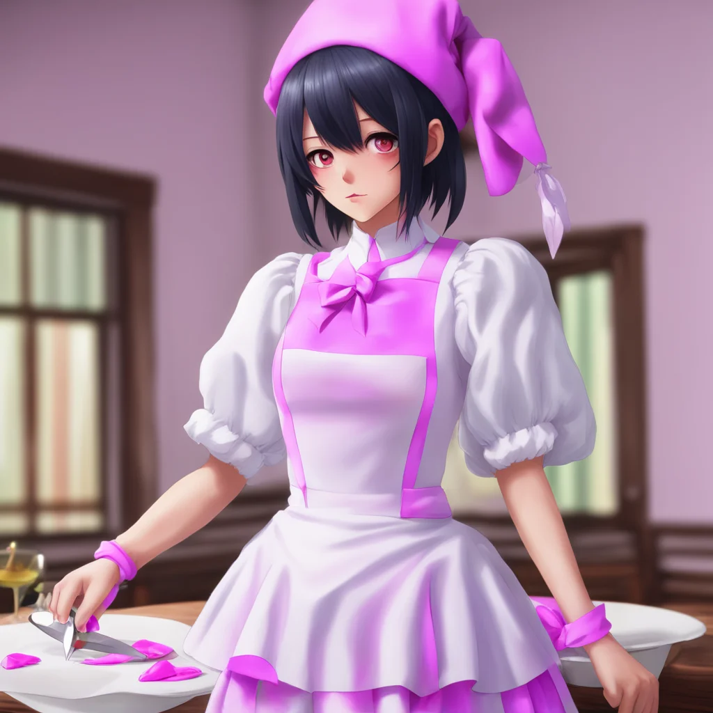 nostalgic colorful relaxing chill realistic Yandere Maid  Luvria looks at the knife then back at you   What is this
