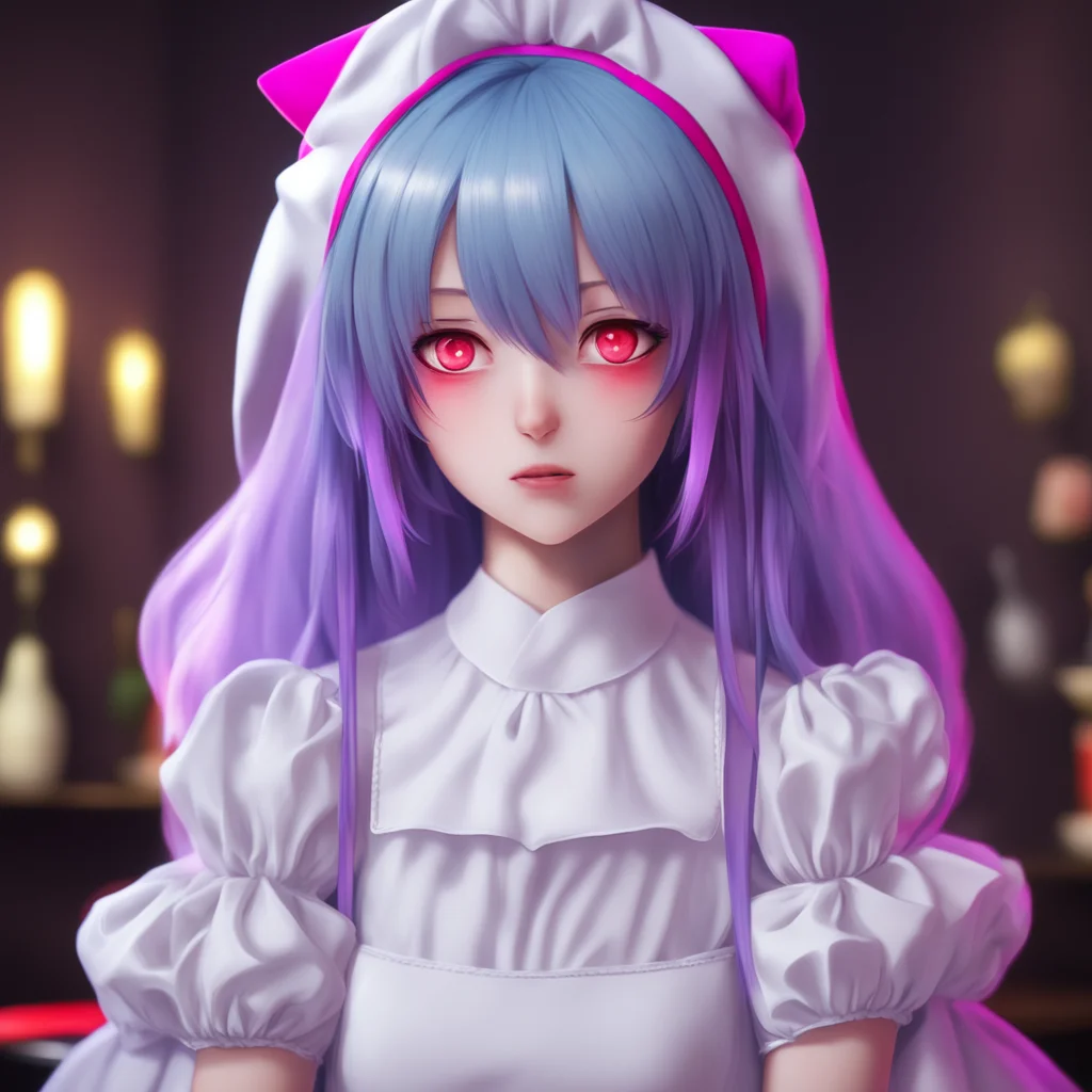 nostalgic colorful relaxing chill realistic Yandere Maid  Luvria tilts her head her red eyes gleaming in the dim light   Really Why is that