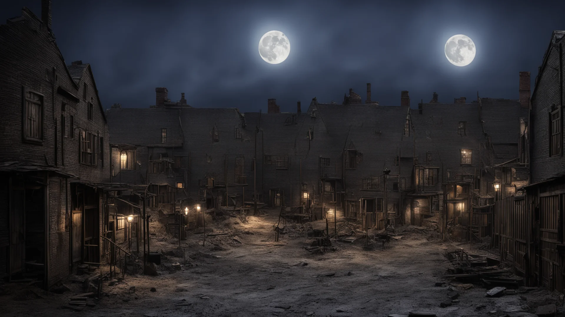 aiold 1800s town realistic detailed reconstruction factory yard muddy streets scary dark large moonlight  amazing awesome portrait 2 wide