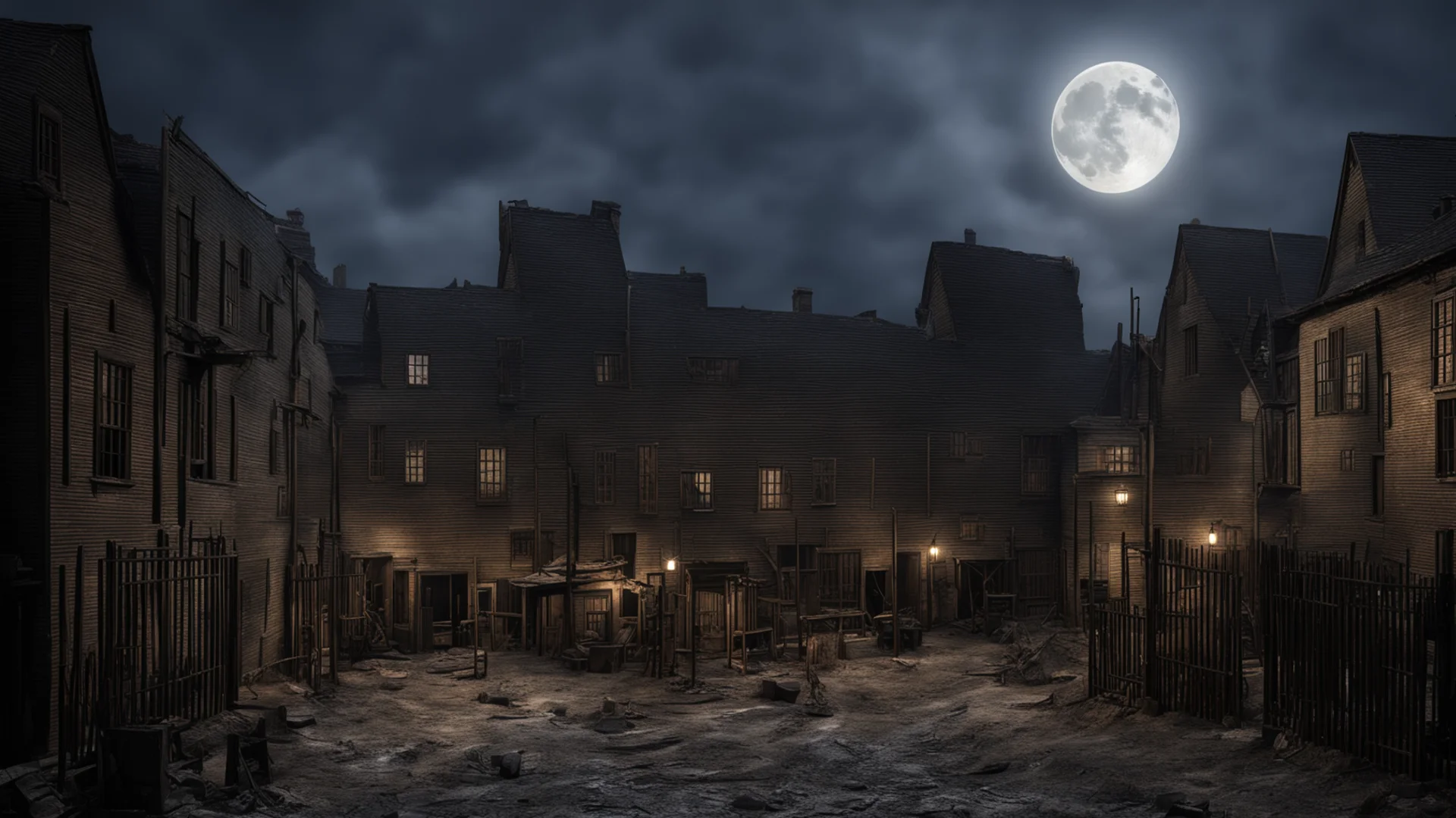 aiold 1800s town realistic detailed reconstruction factory yard muddy streets scary dark large moonlight  good looking trending fantastic 1 wide