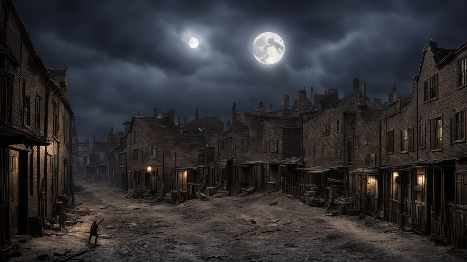 aiold 1800s town realistic detailed reconstruction factory yard muddy streets scary dark large moonlight  wide