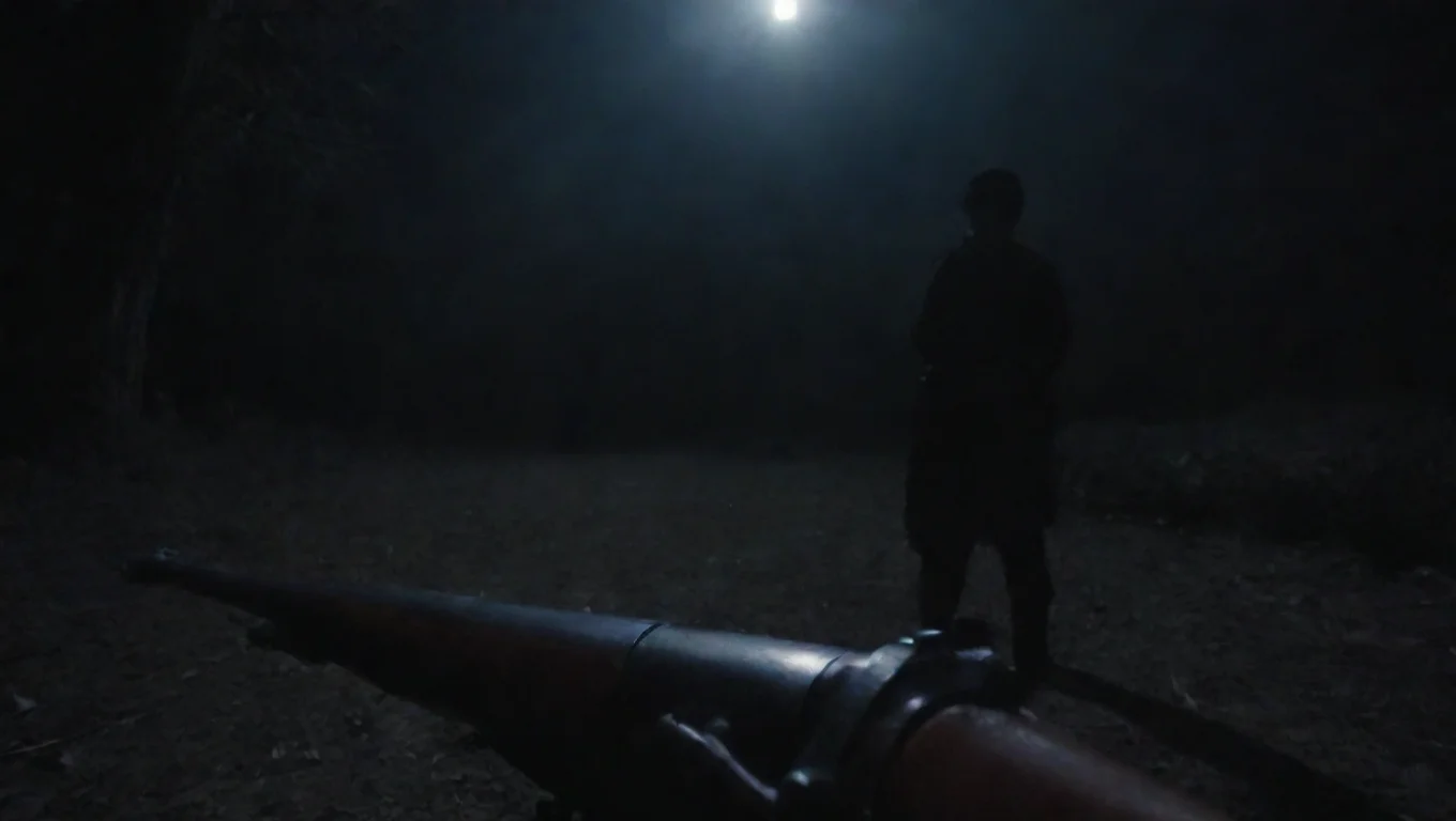 aiold 1850 soldier rifle pov first person looking at dark scary figure at night widescreen