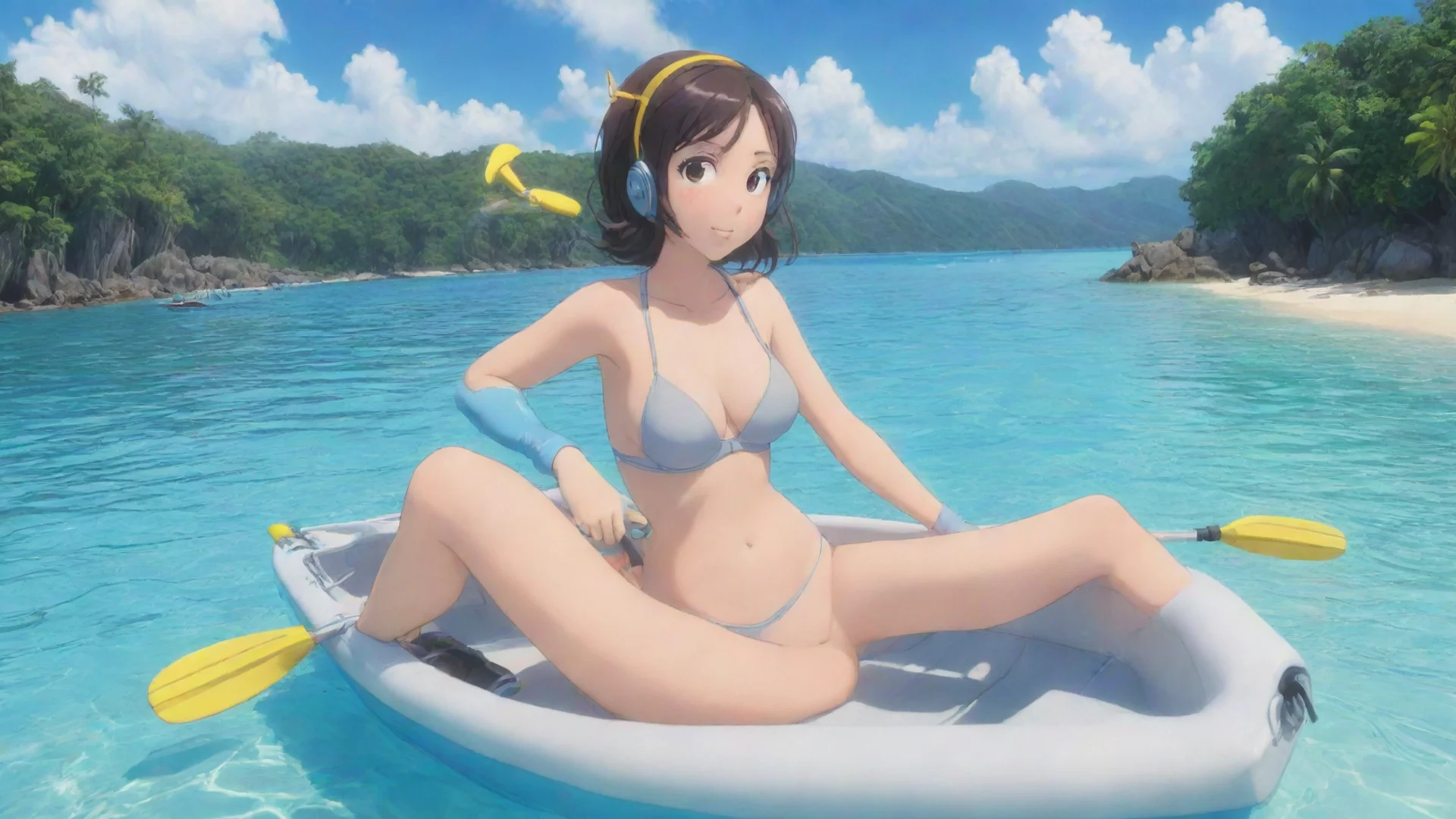 aione anime cartoon woman sitting in a boat with snorkling equipment in their hand. you can see the tropical beach in the background hdwidescreen
