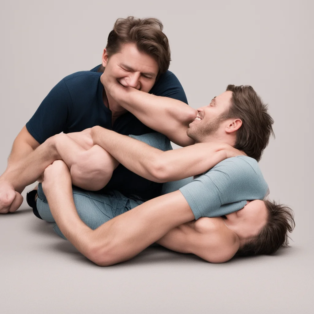 one person pinning down and tickling another person.