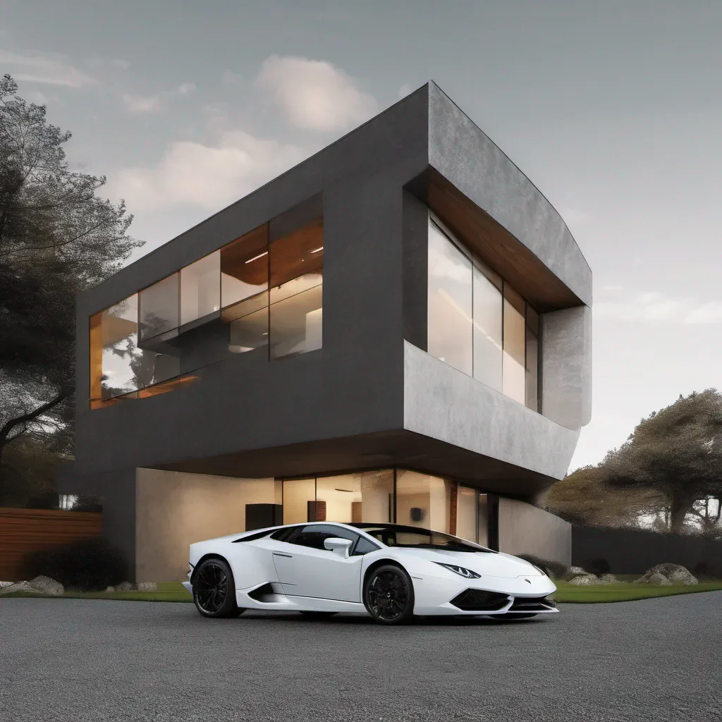 paisaje con una casa moderna y un lamborghini