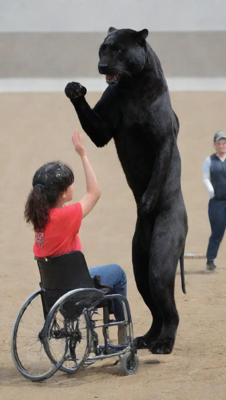 panther in wheelchair high fiving standing panther tall