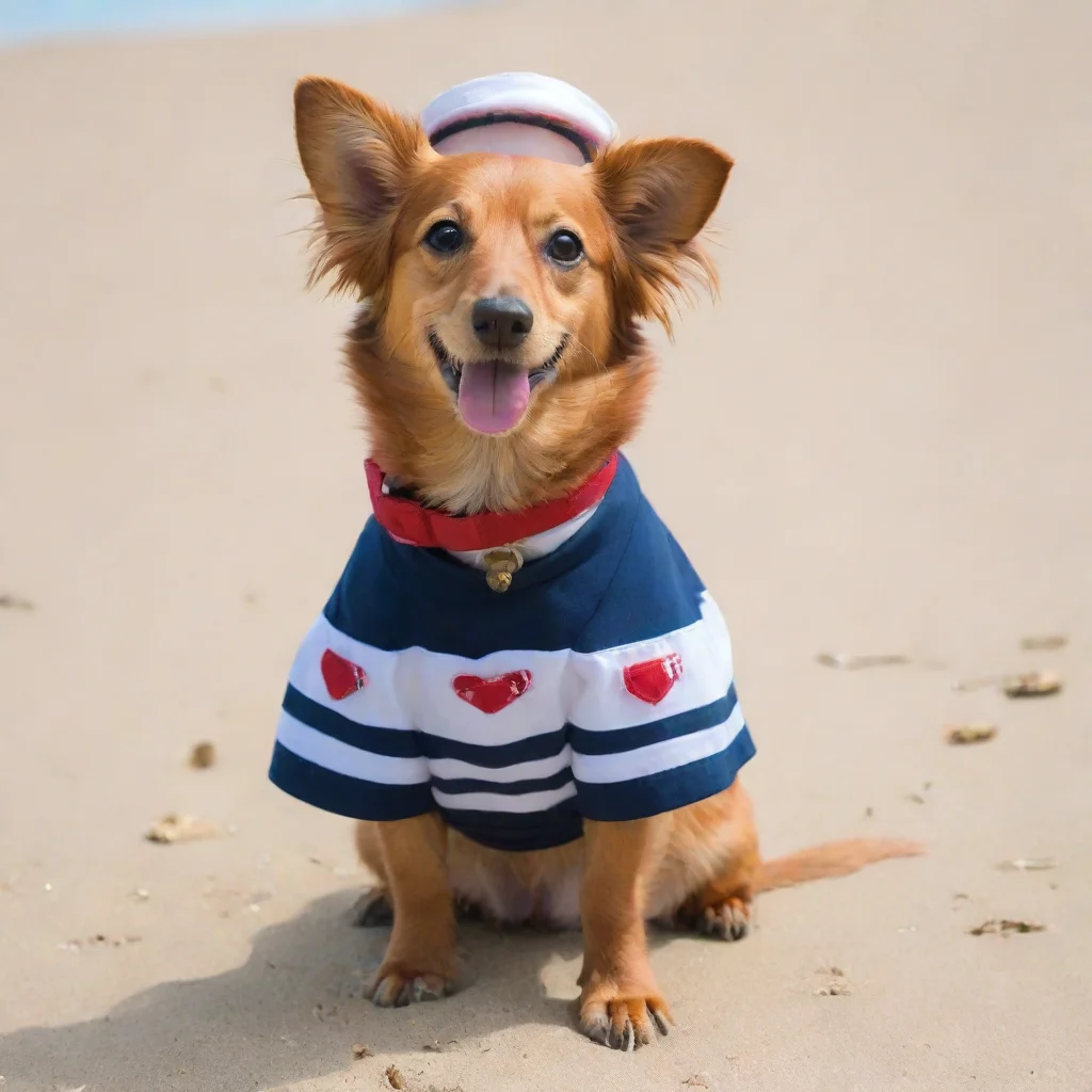 aiperro salchicha vestido de marinero en una playa