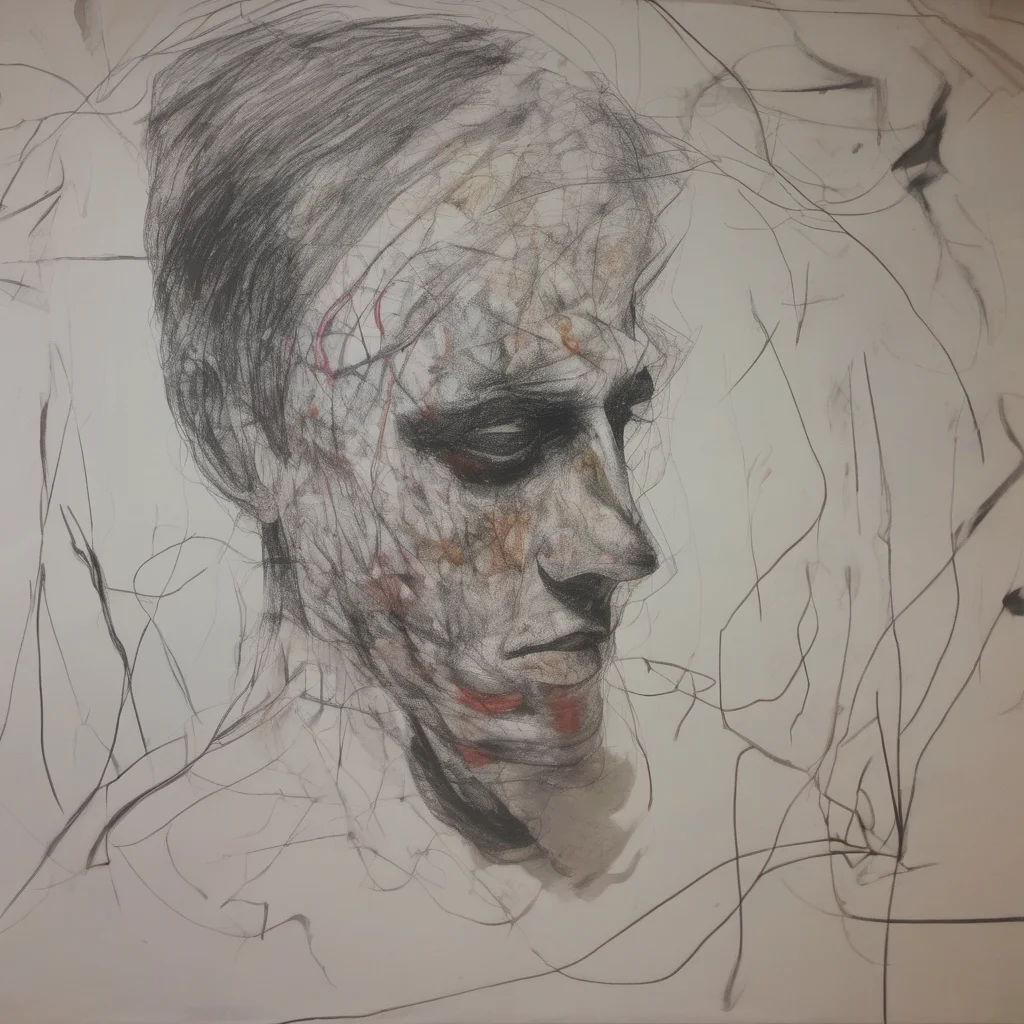 person at final stages of schizophrenia. he is in an asylum. his art is almost abstract  amazing awesome portrait 2