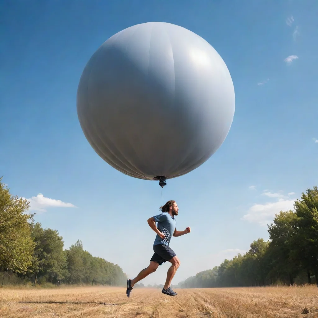 person running fast under a detailed balloon that looks majestic and filled with zeus.