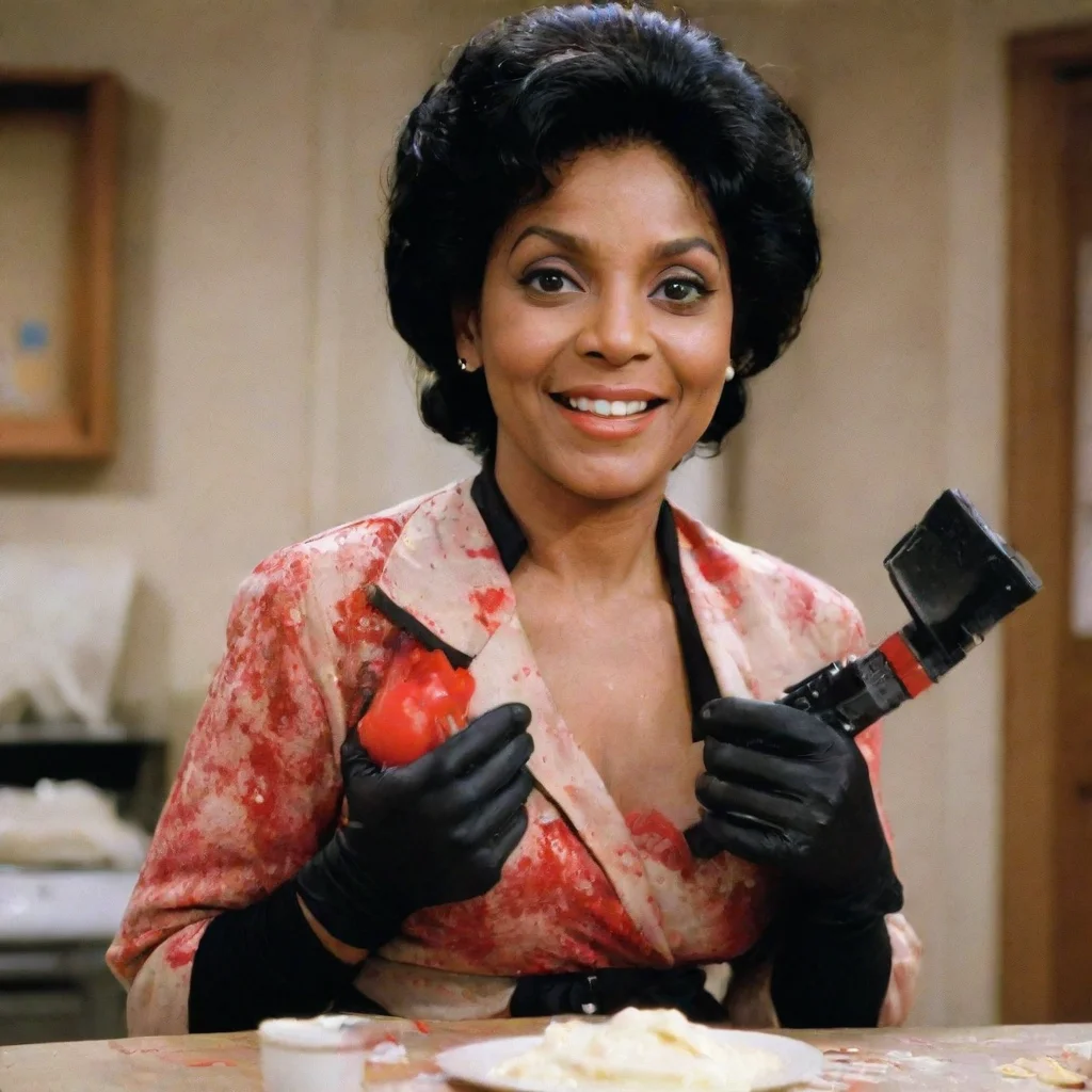 phylicia rashad as clair huxtable from the cosby show smiling  with black deluxe edition nitrile gloves and gun and mayonnaise splattered everywhere