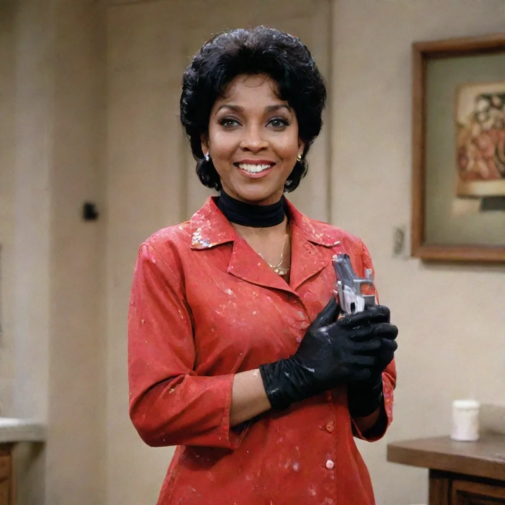 phylicia rashad as clair huxtable from the cosby show smiling  with black deluxe nitrile gloves and gun and mayonnaise splattered everywhere