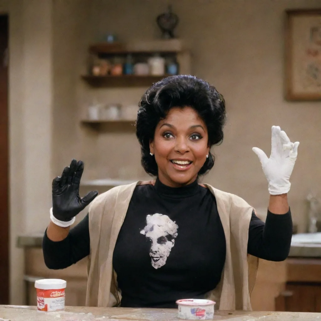 phylicia rashad as clair huxtable from the cosby show smiling  with black medical nitrile gloves and gun and mayonnaise splattered everywhere