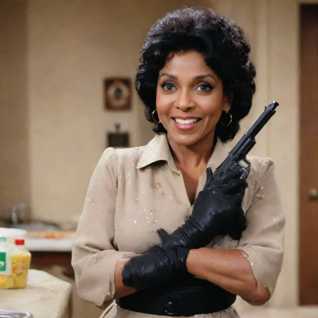 phylicia rashad as clair huxtable from the cosby show smiling  with black nice nitrile gloves and gun and mayonnaise splattered everywhere