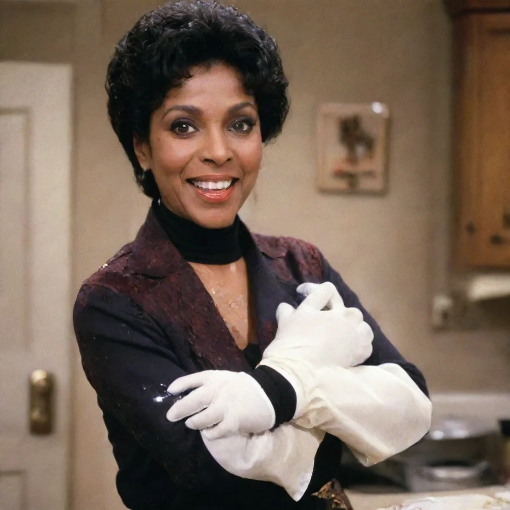 phylicia rashad as clair huxtable from the cosby show smiling  with black nitrile gloves and gun and mayonnaise splattered everywhere