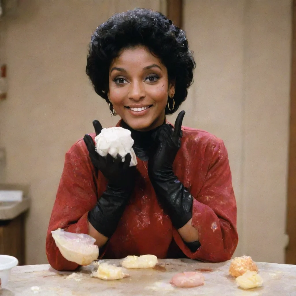 phylicia rashad as clair huxtable from the cosby show smiling  with black tough nitrile gloves and gun and mayonnaise splattered everywhere