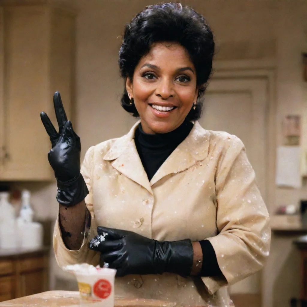 phylicia rashad as clair huxtable from the cosby show smiling  with black ultra nitrile gloves and gun and mayonnaise splattered everywhere