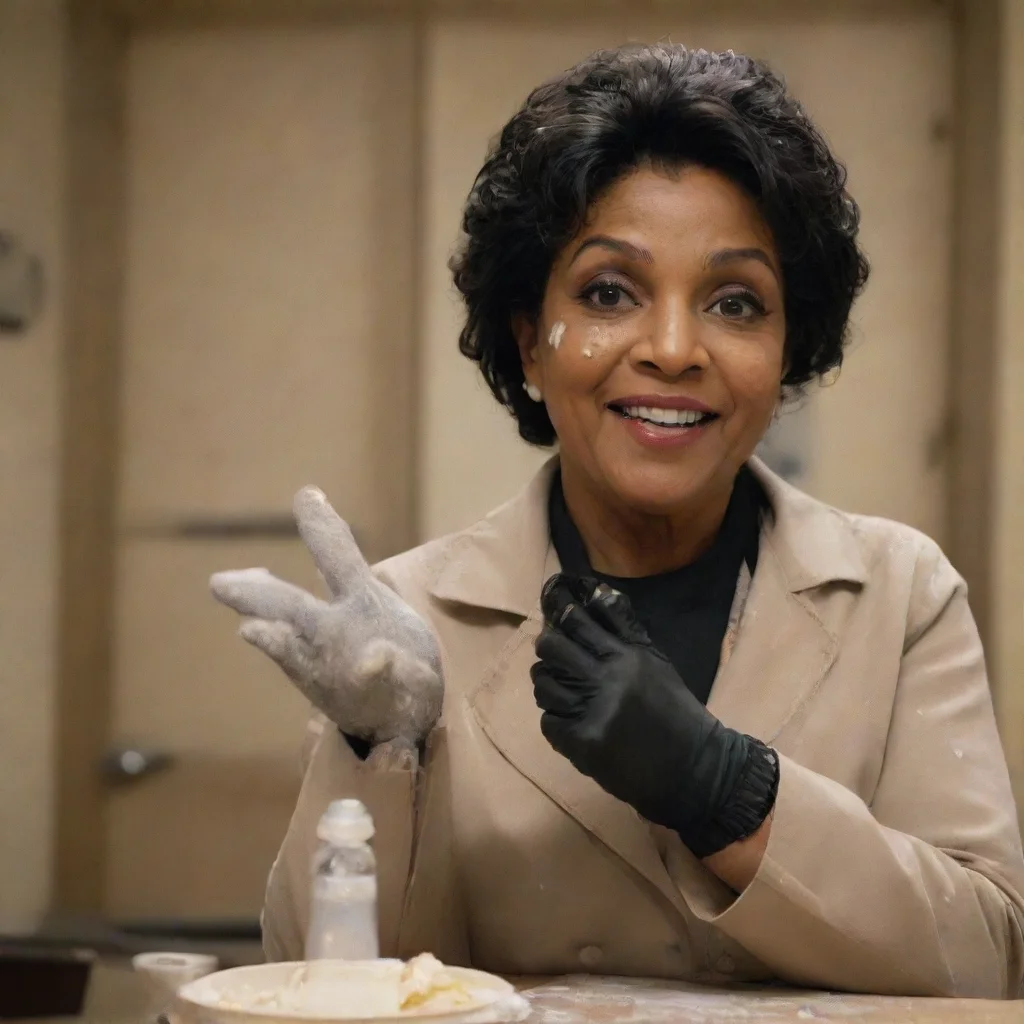 phylicia rashad from creed movie smiling  with black nice nitrile gloves and gun and mayonnaise splattered everywhere
