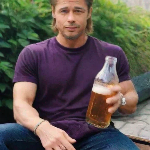 aipicture of brad pitt holding a beer wit purple shirt