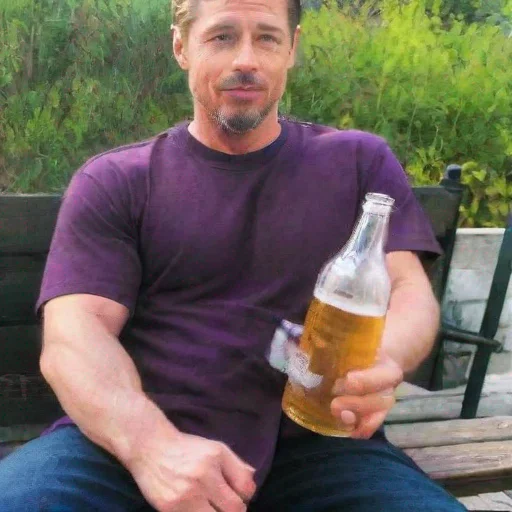 aipicture of brad pitt holding a beer with a purple shirt