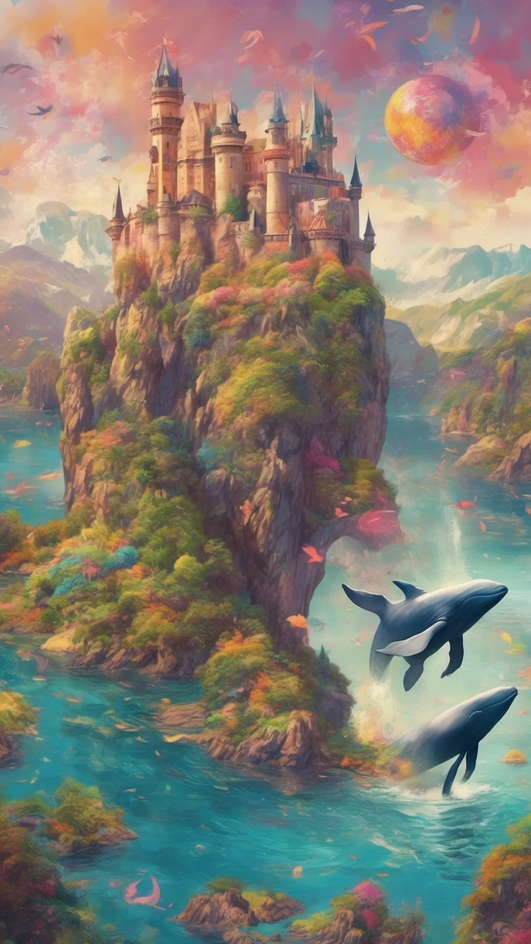 aipicturesque landscape  beautiful colorful tones bay of islands grace stunning castle flying whale with colorful planet rising tall