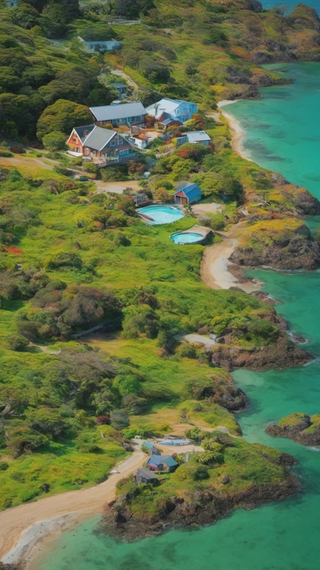 aipicturesque landscape  beautiful colorful tones bay of islands grace stunning cottage with colorful green and blue earth like planet rising confident engaging wow artstation art 3 tall