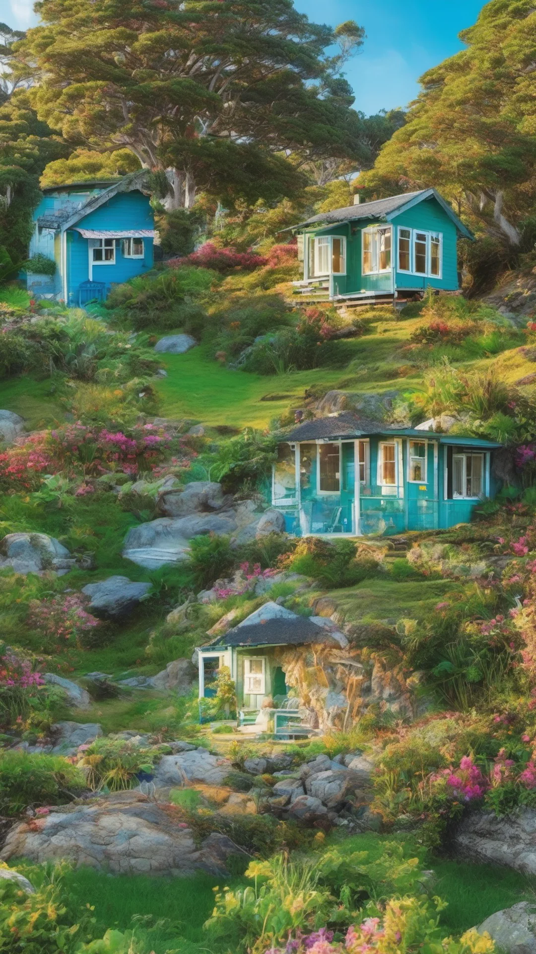 picturesque landscape  beautiful colorful tones bay of islands grace stunning cottage with colorful green and blue earth like planet rising tall