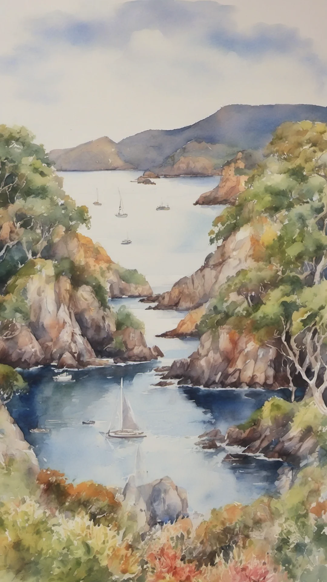 aipicturesque landscape watercolor beautiful colorful tones bay of islands grace stunning tall
