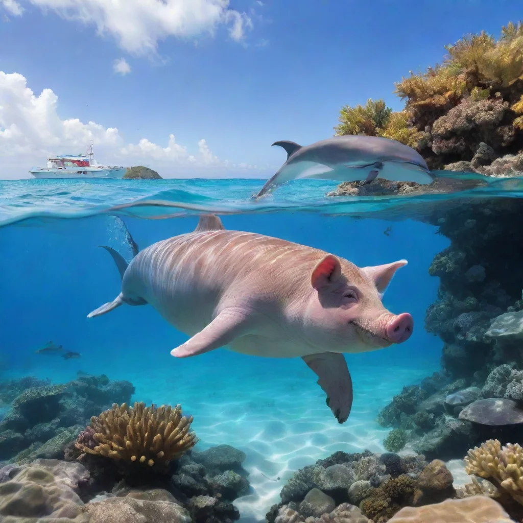 aipig rides dolphin near a coral reef by the beach