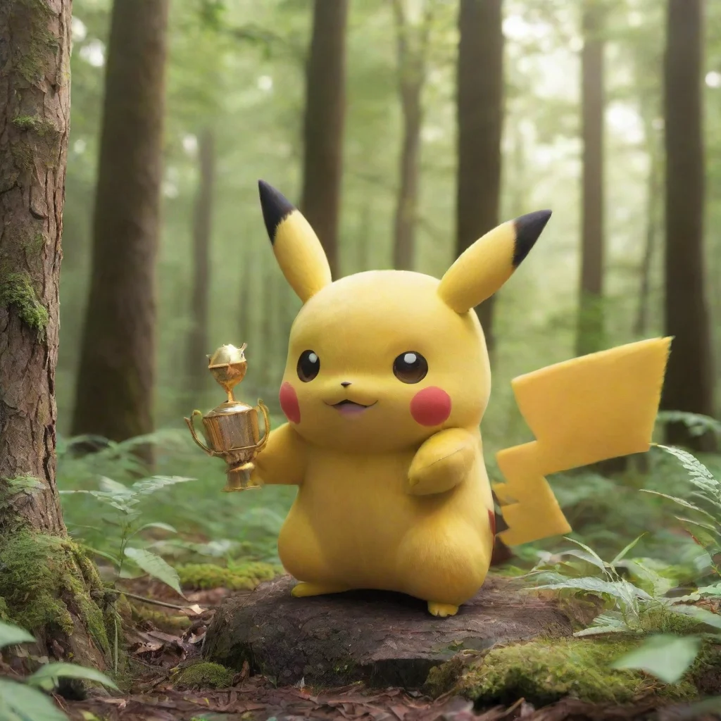 aipikachu in a forest holding a trophy