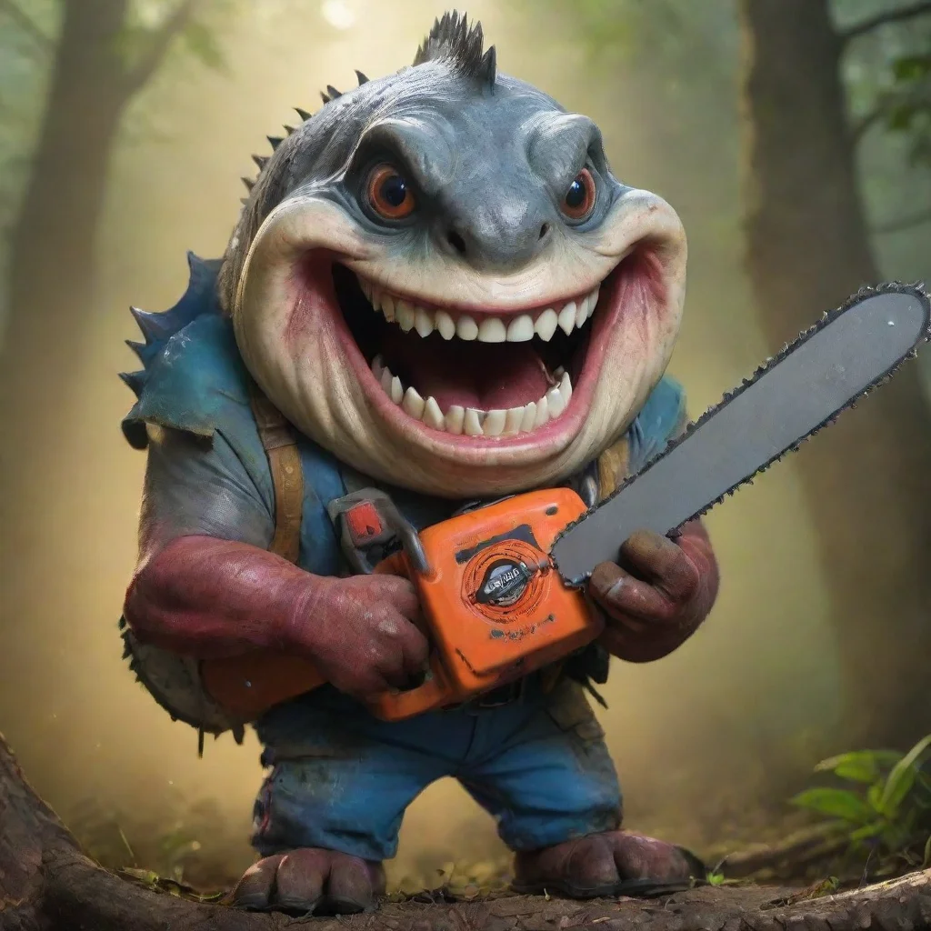 aipiranha with big psyco smile holding a chainsaw