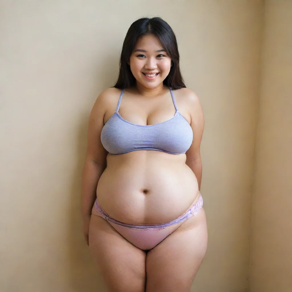plump young asian girl with huge belly and cute smile
