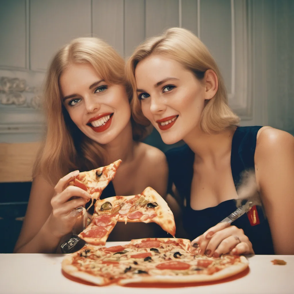 polaroid style image of two seductive german girls sharing a dr. oetker pizza ing amazing awesome portrait 2