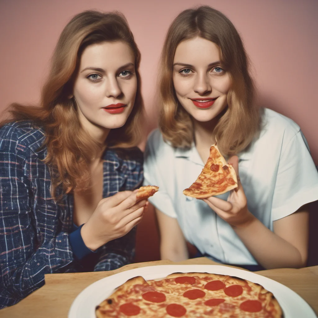 aipolaroid style image of two seductive german girls sharing a dr. oetker pizza ing confident engaging wow artstation art 3