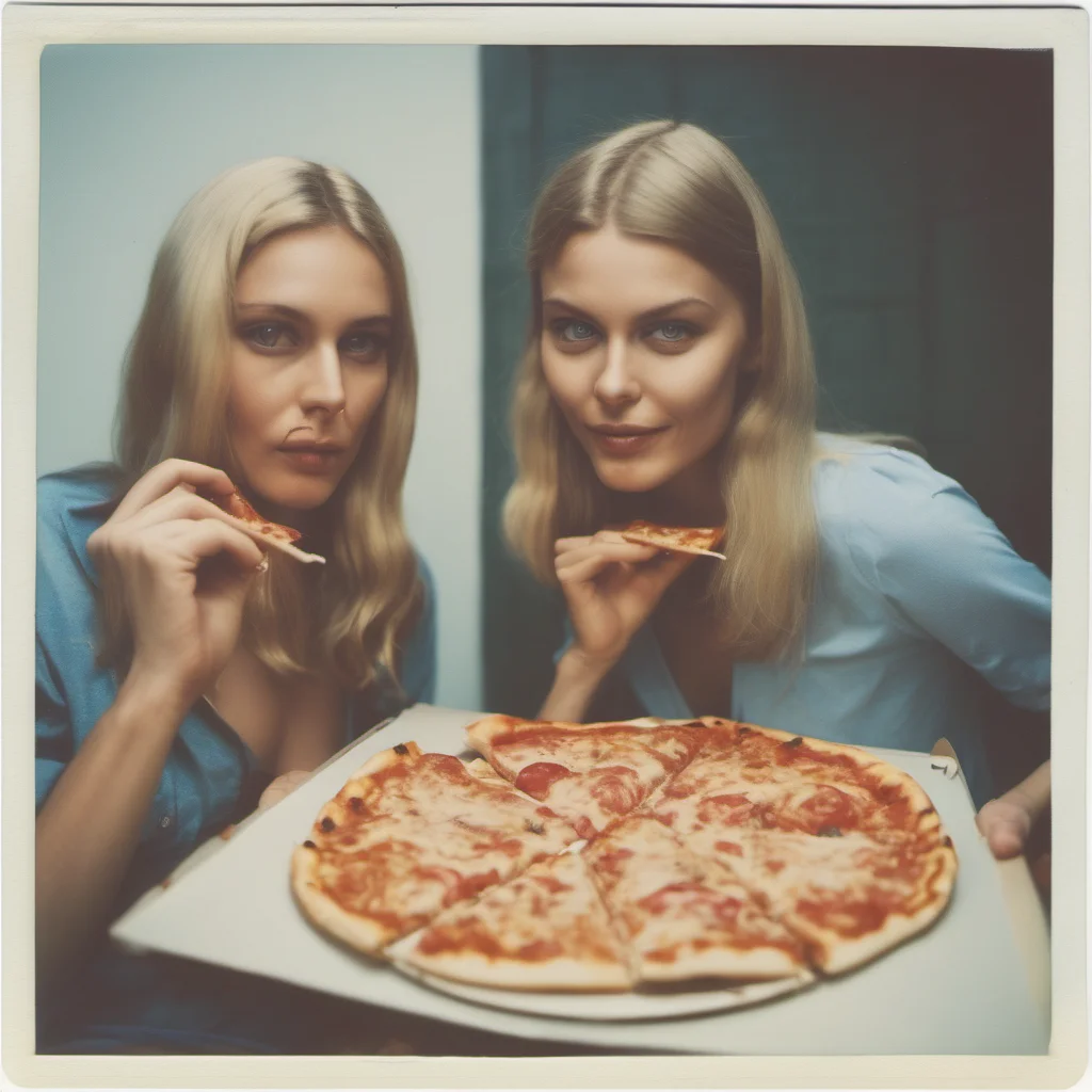 polaroid style image of two seductive german girls sharing a dr. oetker pizza ing good looking trending fantastic 1